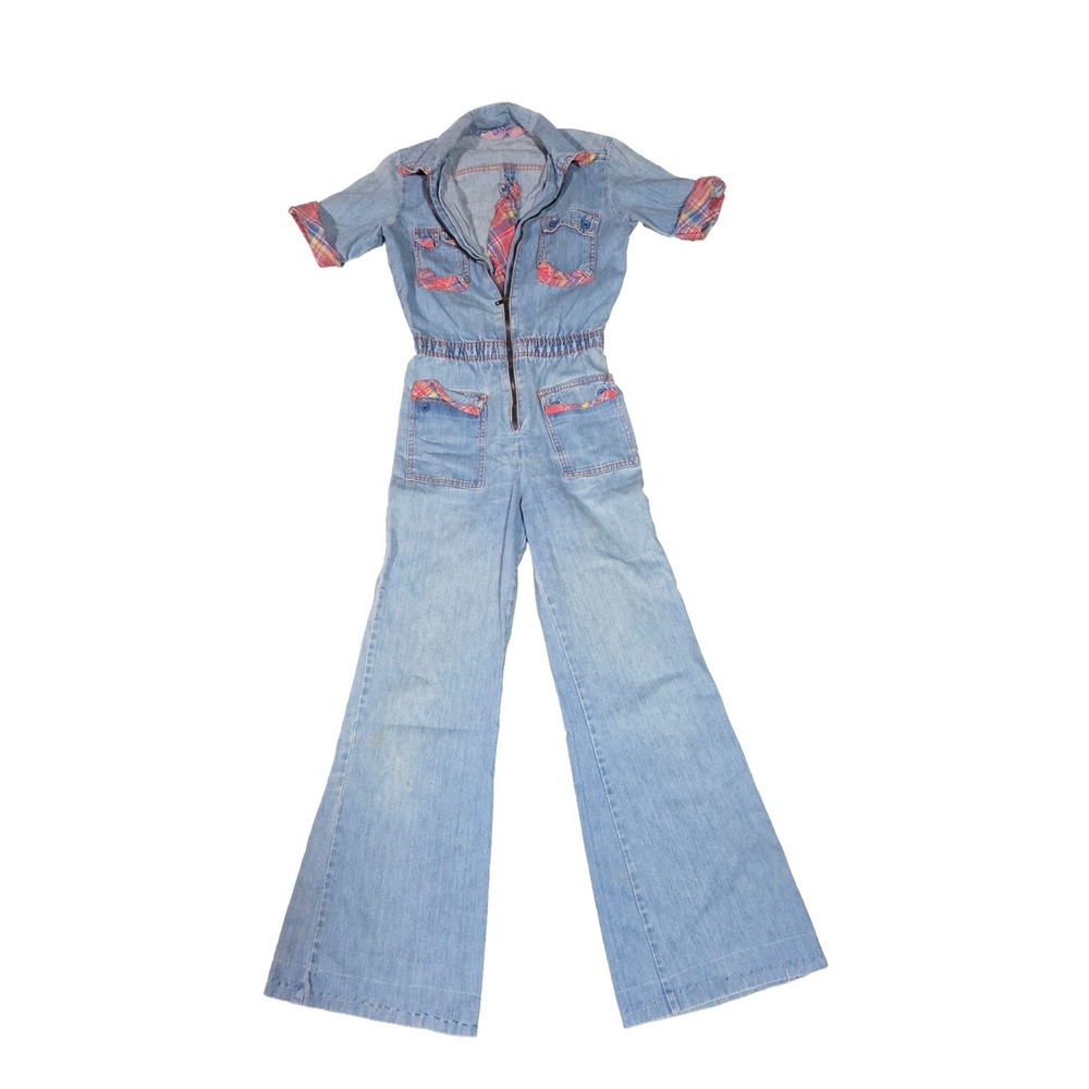 Vintage 1970s Faded Glory by Appendagez Denim Plaid Jumpsuit Size S Altered Hem
